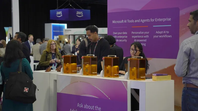 Demo counters under the stand's magenta backdrop, an “Ask about…” prompt on the panel behind.