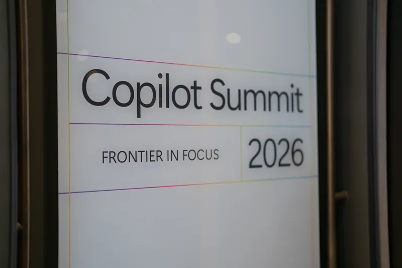 The printed summit wall: Copilot Summit, Frontier in Focus, 2026.